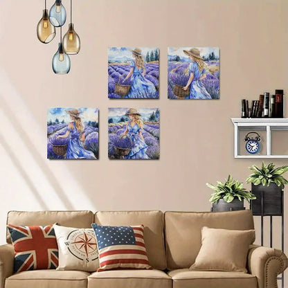 4pcs  Woman with Lavender Basket LA   Wall Art Canvas Framed