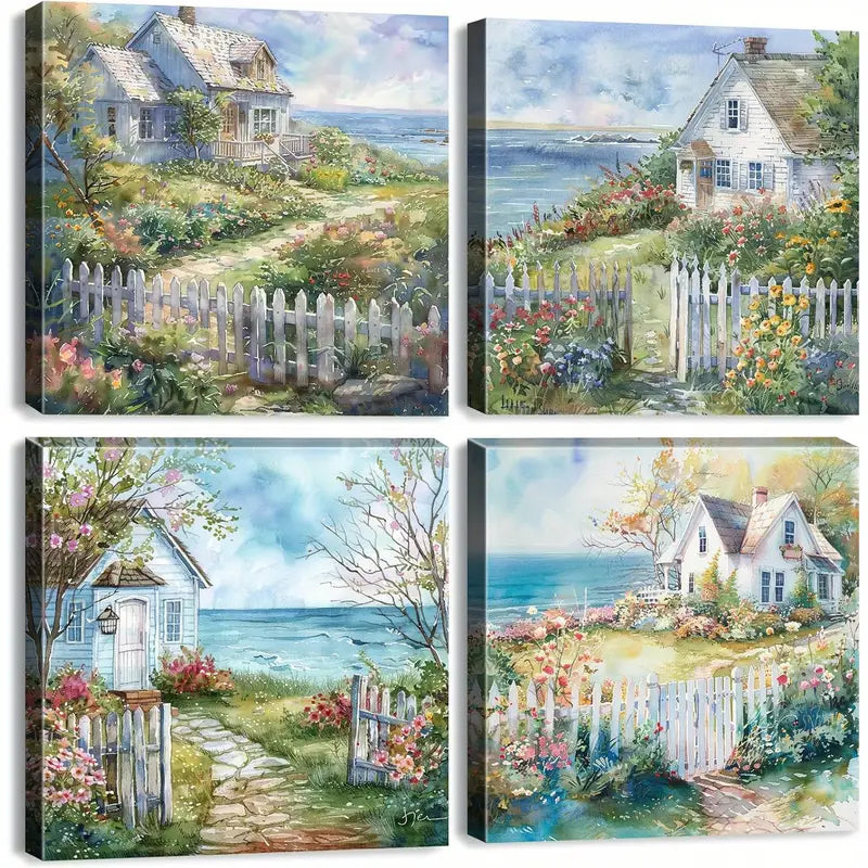 4pcs Country French Cottage Wall Art Canvas Framed