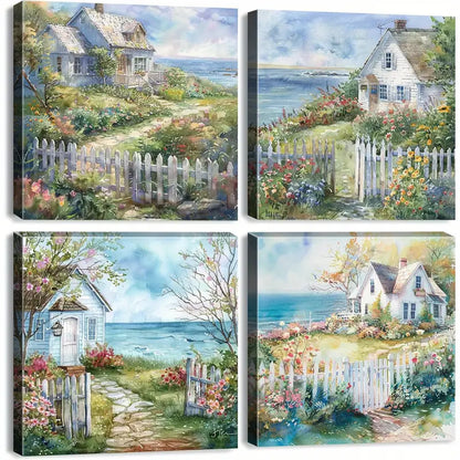 4pcs Country French Cottage Wall Art Canvas Framed