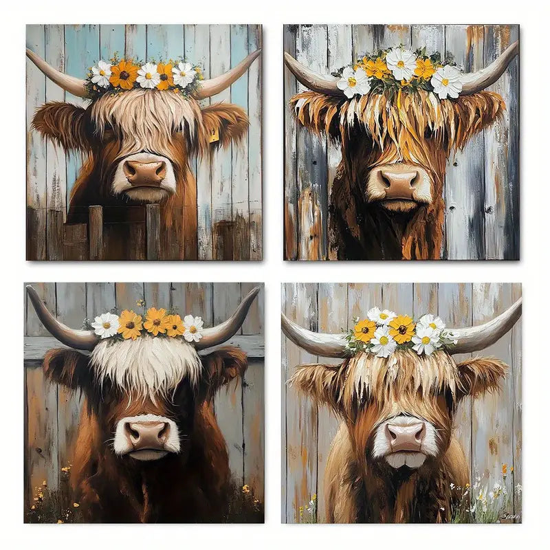 4pcs Vintage Abstract Cow   Wall Art Canvas Framed