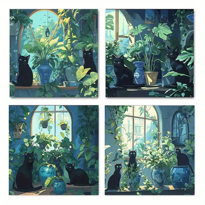 4pcs Green Plant Black Cat Wall Art Canvas Framed