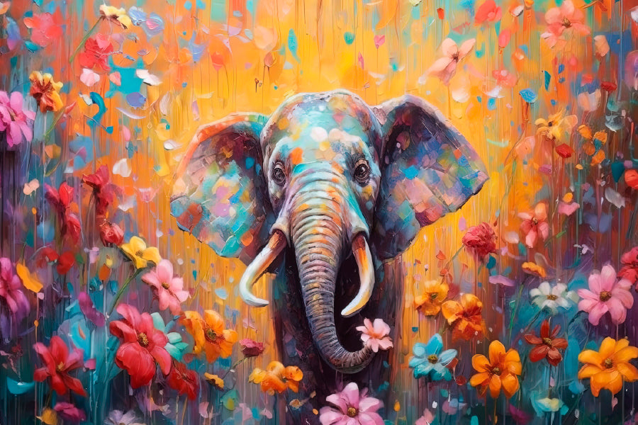 Elephant In Flower Blossom Painting Glass Framed Wall Art, Ready to Hang Quality Print