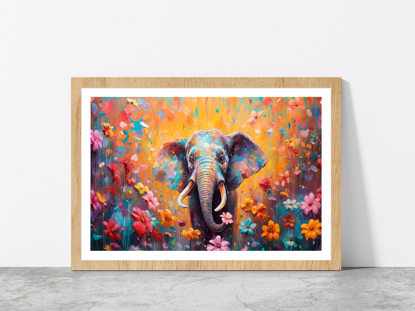 Elephant In Flower Blossom Painting Glass Framed Wall Art, Ready to Hang Quality Print With White Border Oak