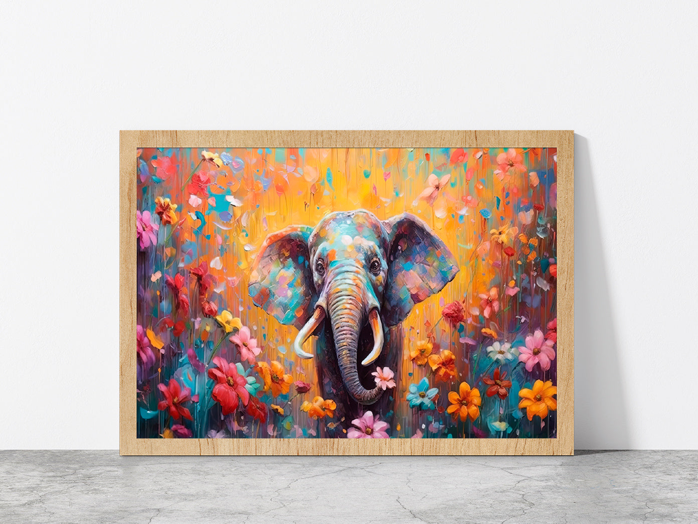 Elephant In Flower Blossom Painting Glass Framed Wall Art, Ready to Hang Quality Print Without White Border Oak