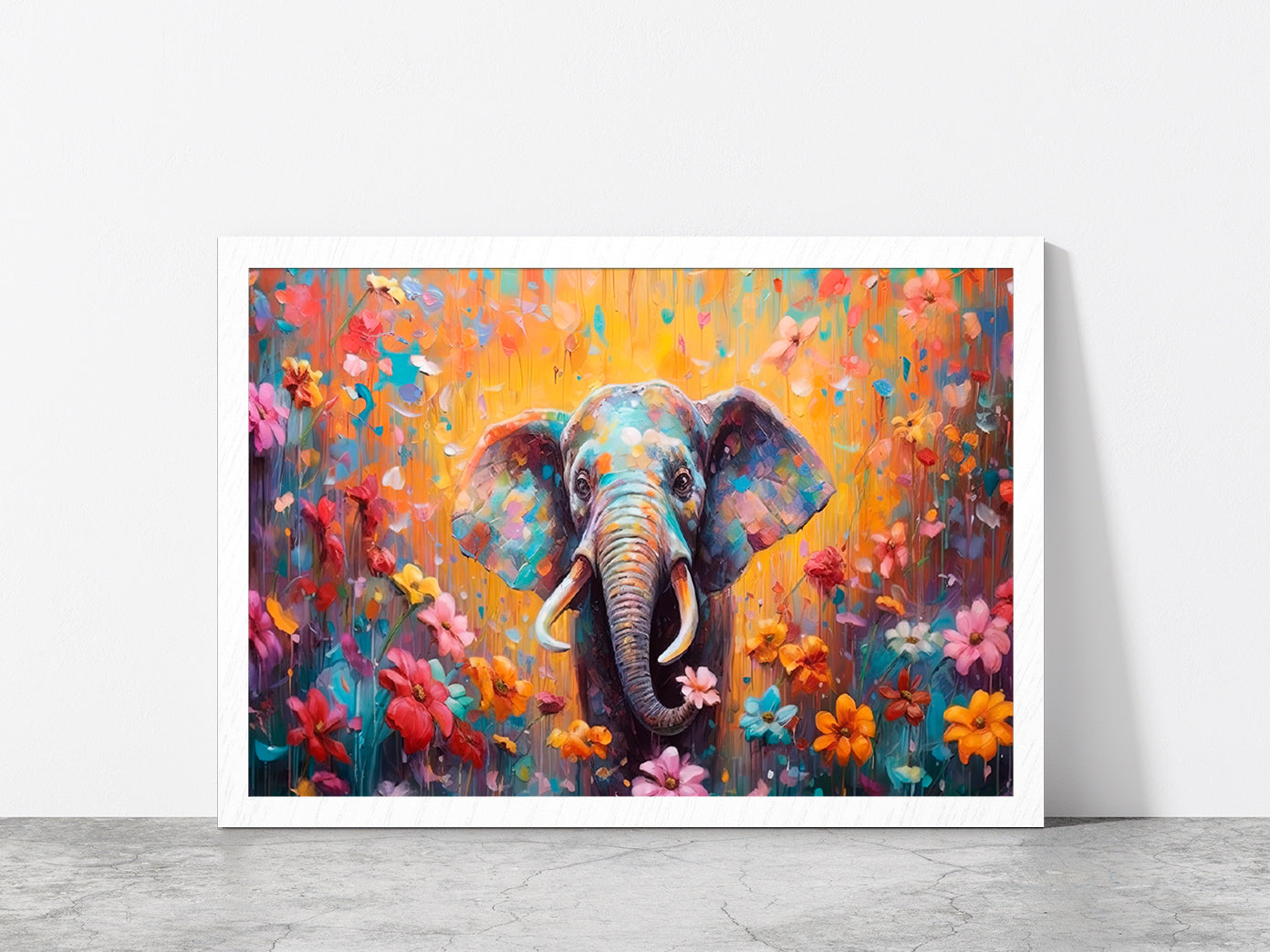 Elephant In Flower Blossom Painting Glass Framed Wall Art, Ready to Hang Quality Print Without White Border White