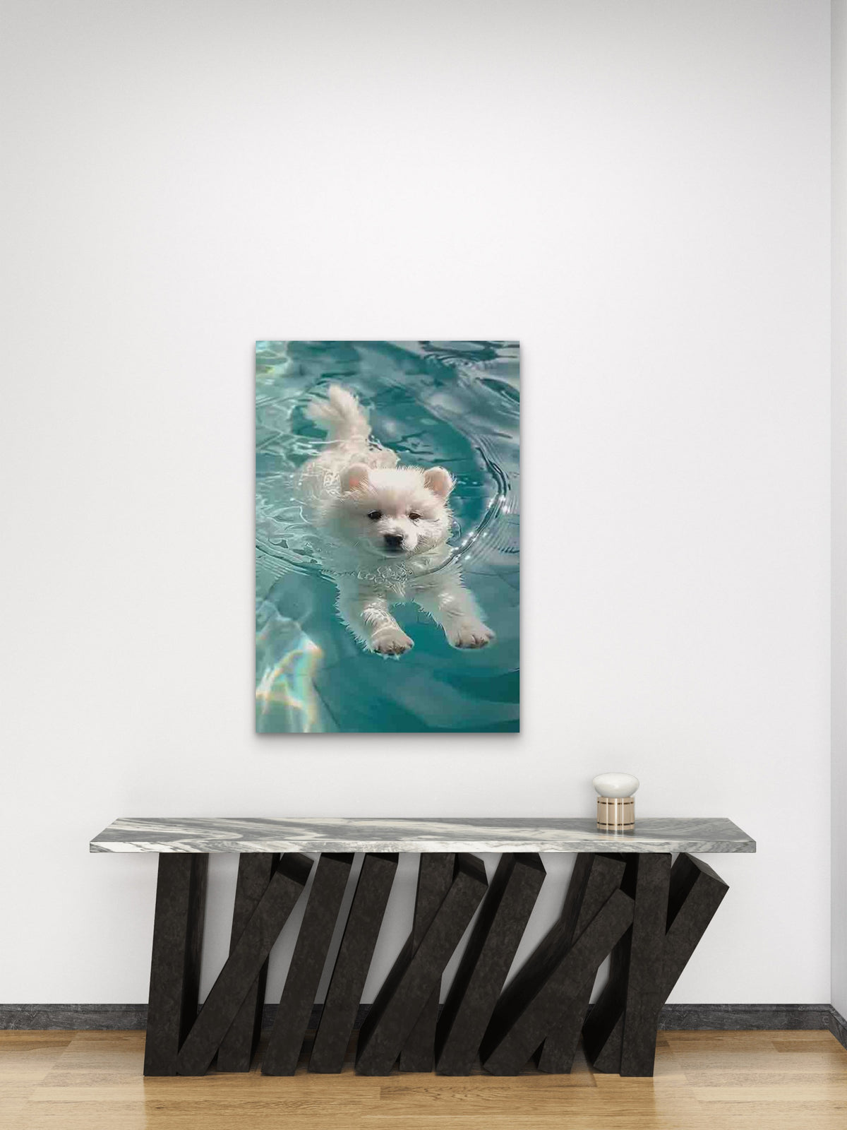 White Puppy Swimming in Water 60x90cm Metal Print Ready to Hang