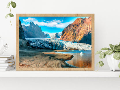 Volcanic Mountains South Iceland Glass Framed Wall Art, Ready to Hang Quality Print Without White Border Oak