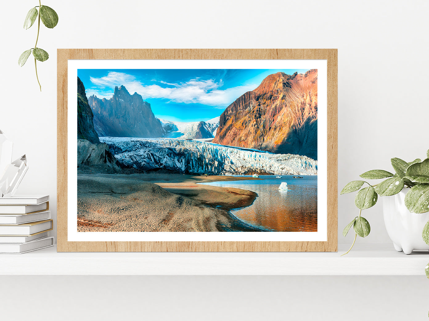 Volcanic Mountains South Iceland Glass Framed Wall Art, Ready to Hang Quality Print With White Border Oak