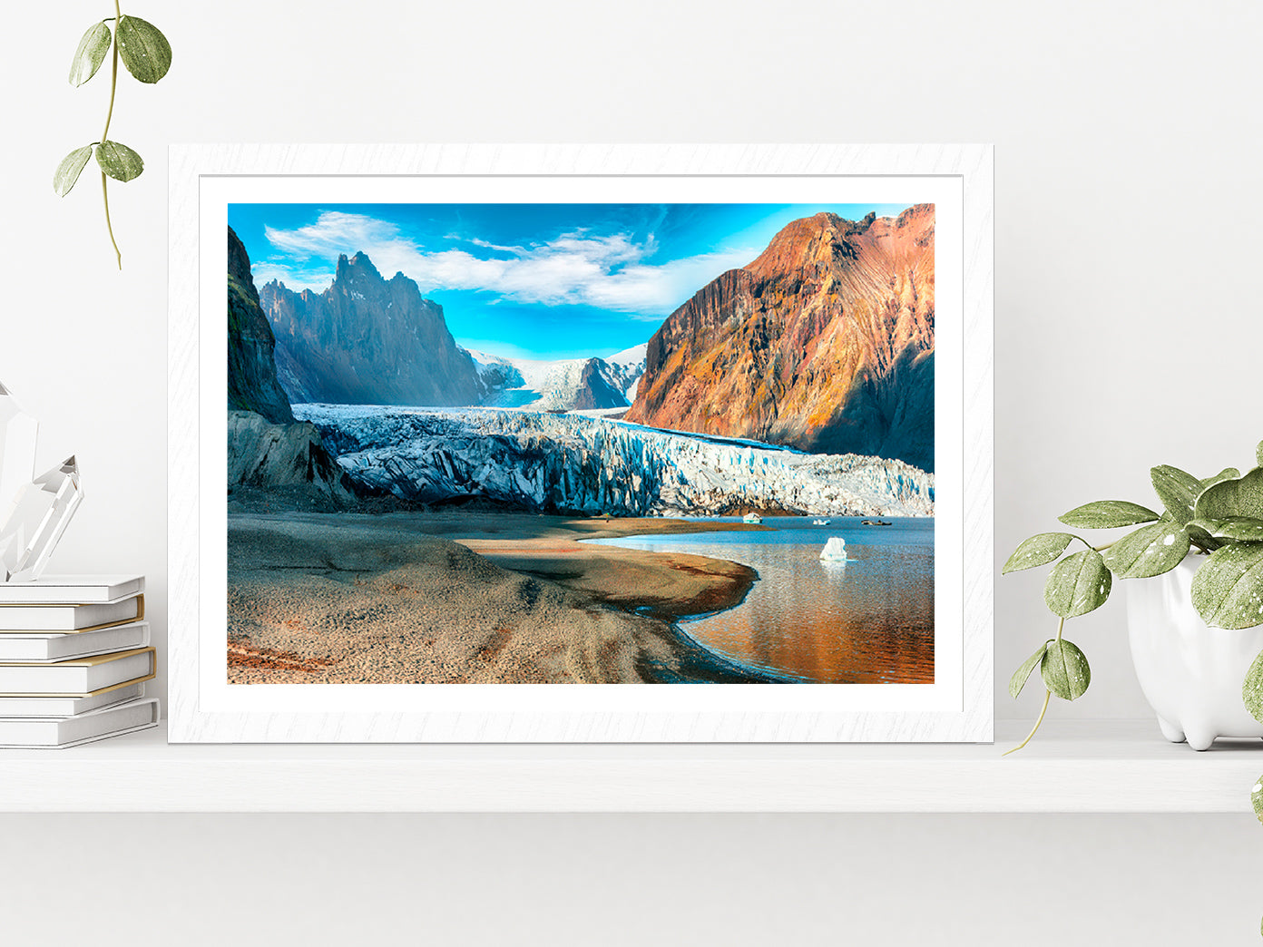 Volcanic Mountains South Iceland Glass Framed Wall Art, Ready to Hang Quality Print With White Border White