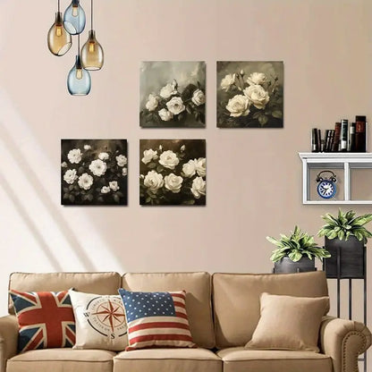 4pcs Vintage flower Art Deco Classic Green   Wall Art Canvas Framed