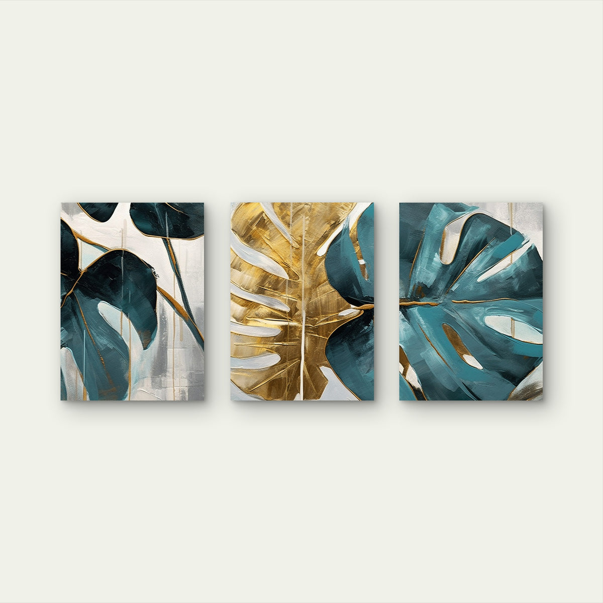 3pcs Elegant Luxury Hamptons Monstera Teal Gold Wall Art Set Canvas Framed 40x60cm - High Quality Print 100% Australian Made Wall Canvas Ready to Hang