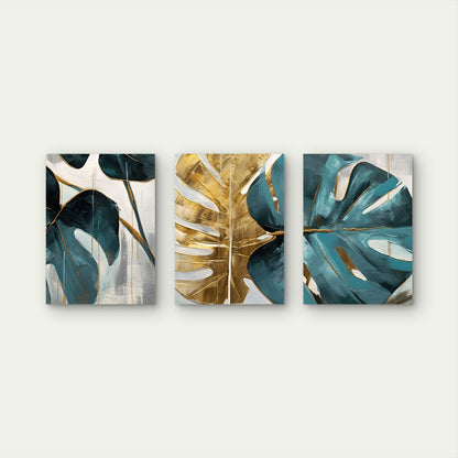 3pcs Elegant Luxury Hamptons Monstera Teal Gold Wall Art Set Canvas Framed 40x60cm - High Quality Print 100% Australian Made Wall Canvas Ready to Hang