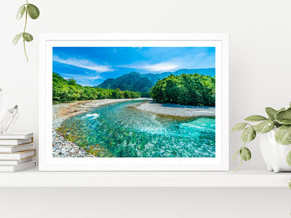 Mountains & Azusa River Kamikochi Glass Framed Wall Art, Ready to Hang Quality Print With White Border White