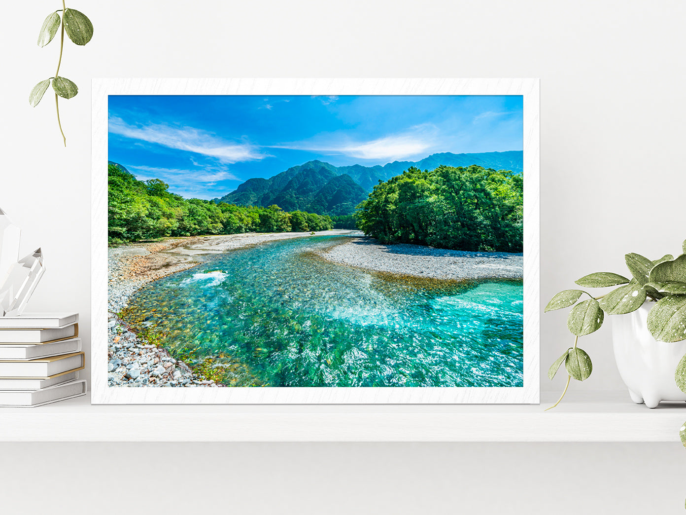 Mountains & Azusa River Kamikochi Glass Framed Wall Art, Ready to Hang Quality Print Without White Border White