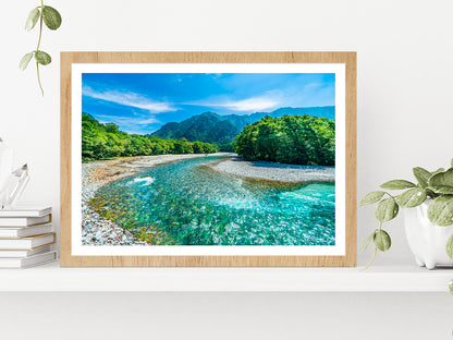 Mountains & Azusa River Kamikochi Glass Framed Wall Art, Ready to Hang Quality Print With White Border Oak