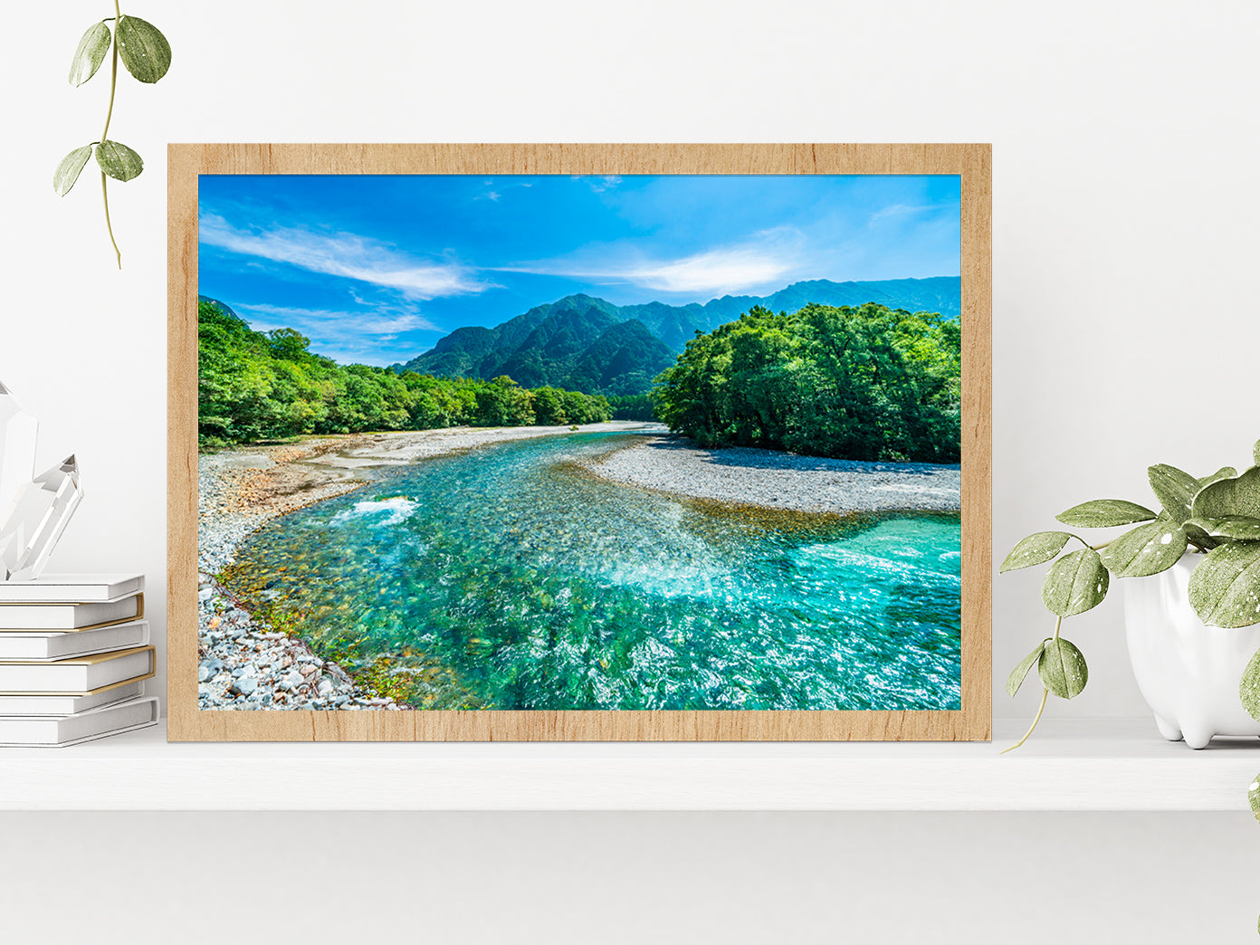 Mountains & Azusa River Kamikochi Glass Framed Wall Art, Ready to Hang Quality Print Without White Border Oak