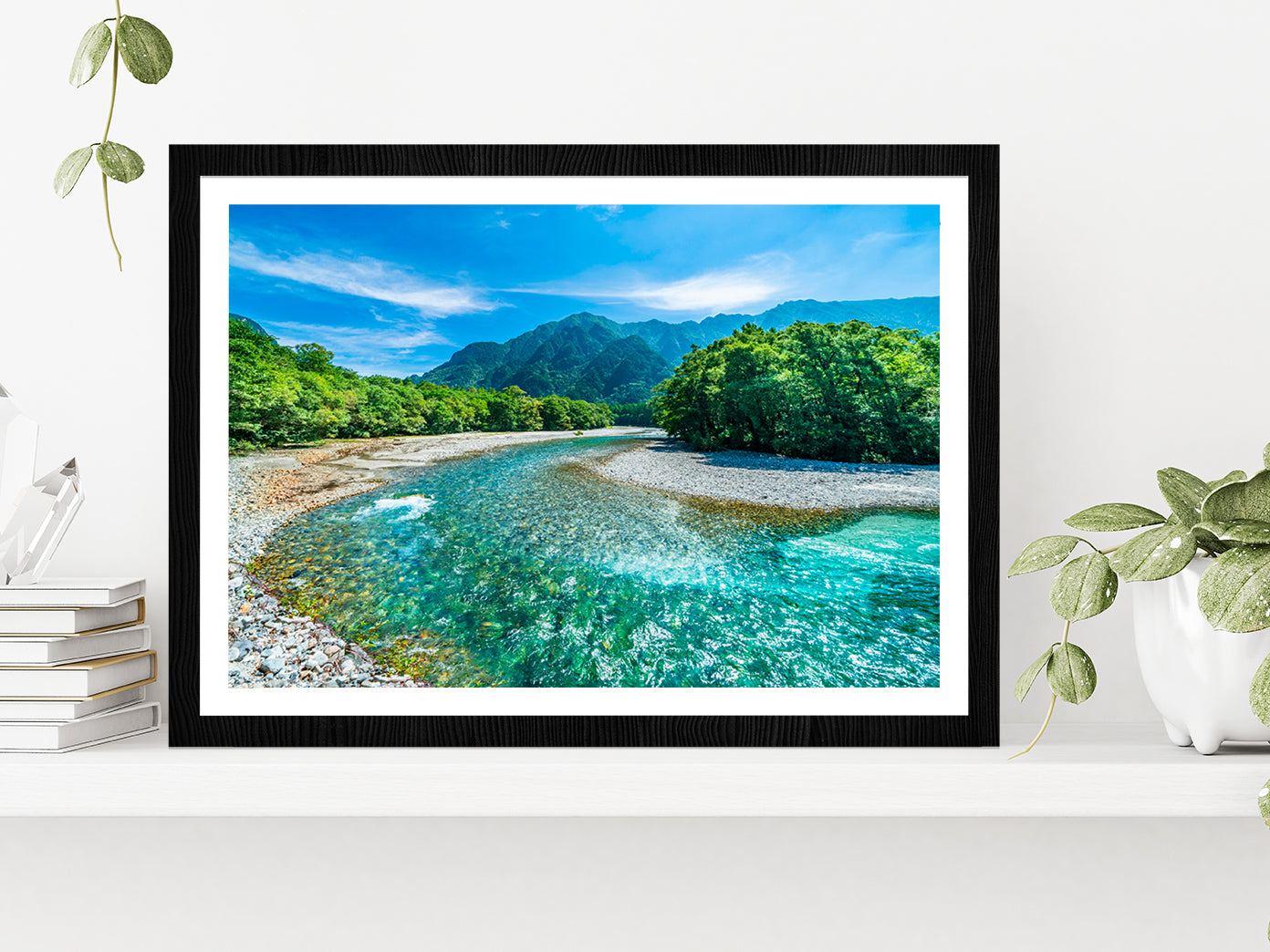 Mountains & Azusa River Kamikochi Glass Framed Wall Art, Ready to Hang Quality Print With White Border Black