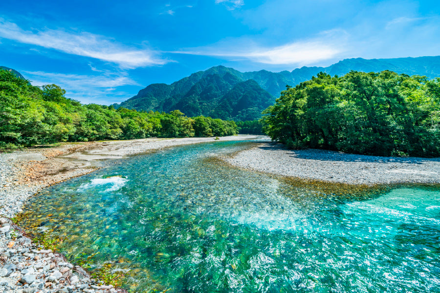 Mountains & Azusa River Kamikochi Glass Framed Wall Art, Ready to Hang Quality Print