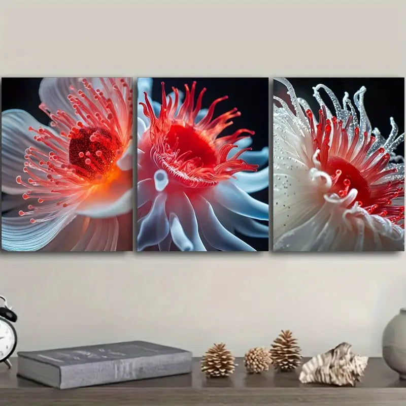 3pcs Pink & White Sea Anemone Floral Painting Metal Print Ready to Hang Art