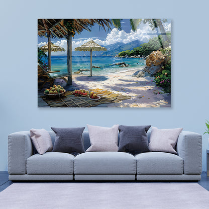 Beach with Umbrellas & Mountains View Acrylic Glass Print Tempered Glass Wall Art 100% Made in Australia Ready to Hang