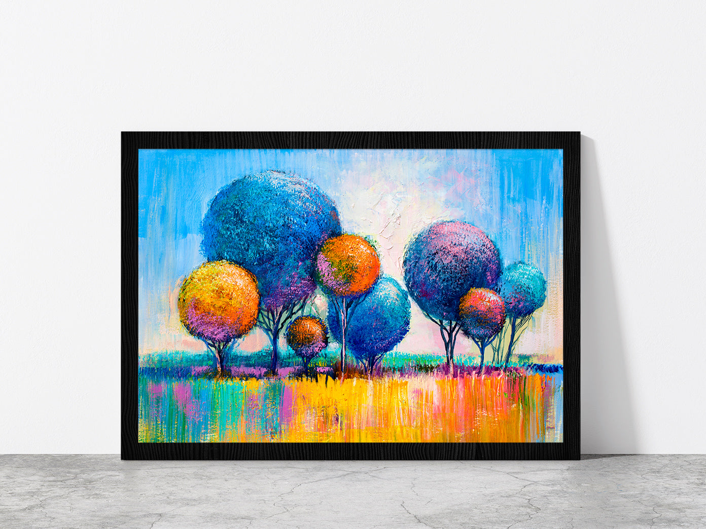 Multicolor Trees Glass Framed Wall Art, Ready to Hang Quality Print Without White Border Black