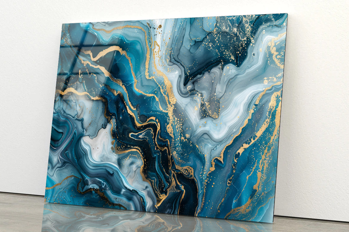 Close-Up Of a Sea Blue Agate Marble Pattern with Golden Veins Acrylic Glass Print Tempered Glass Wall Art 100% Made in Australia Ready to Hang