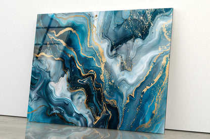 Close-Up Of a Sea Blue Agate Marble Pattern with Golden Veins Acrylic Glass Print Tempered Glass Wall Art 100% Made in Australia Ready to Hang