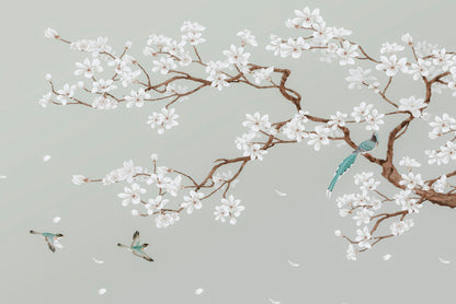 Chinoiserie Style Blooming Magnolia Tree Branch and Songbirds Wall Art Decor 100% Australian Made
