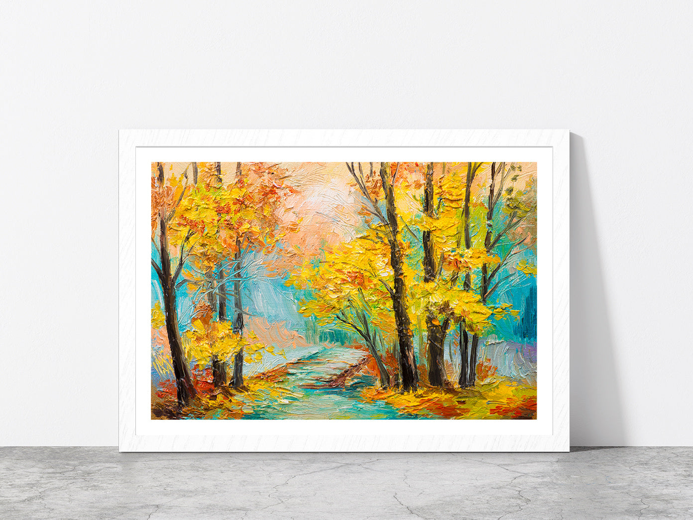 Yellow Trees With Autumn Forest Glass Framed Wall Art, Ready to Hang Quality Print With White Border White