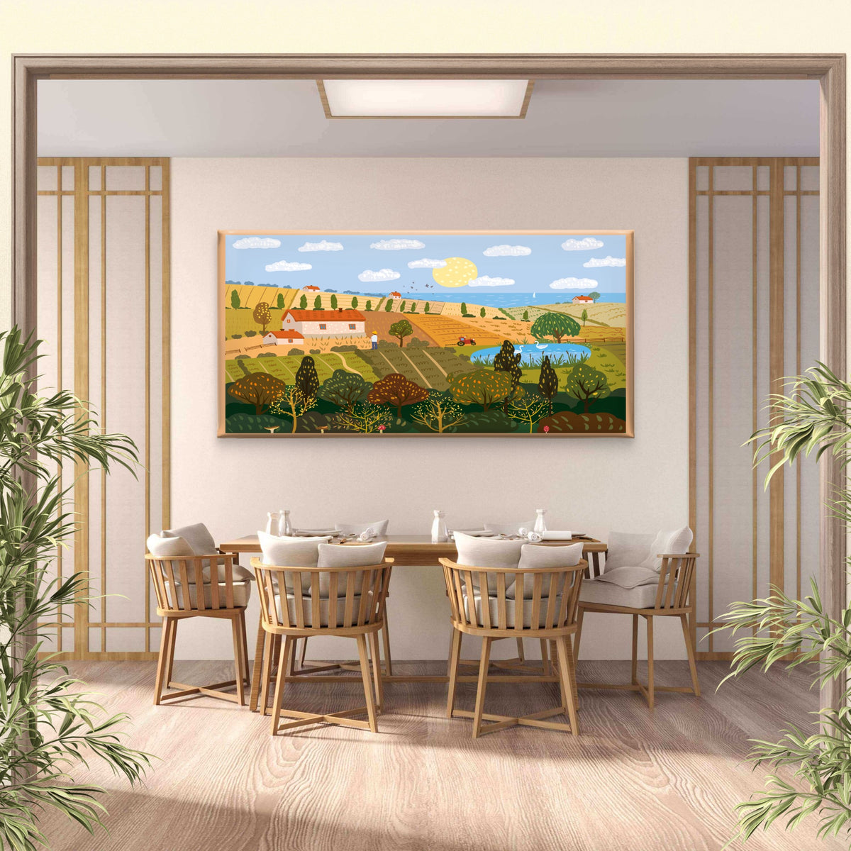 Hand Drawn Farm Landscape Wall Art Canvas Office Home Room Framed 120x60cm