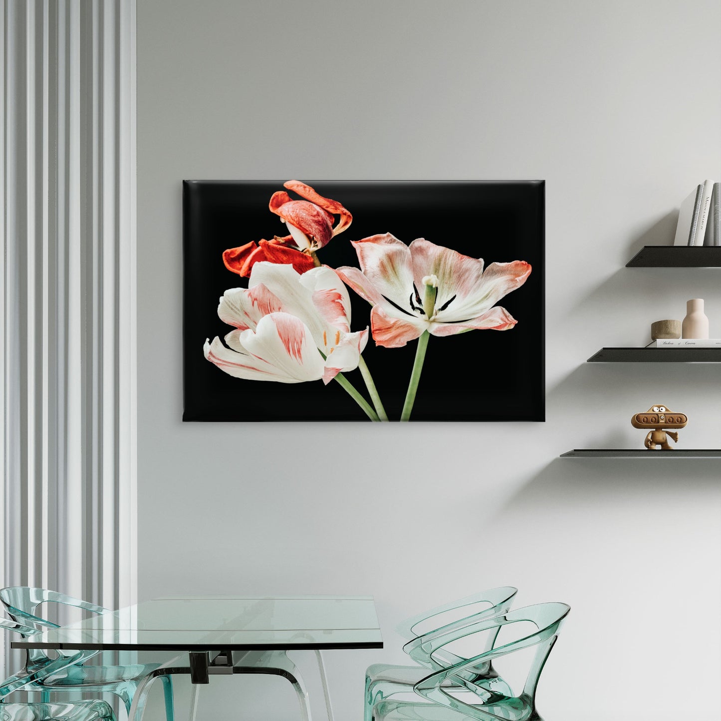 Botanical White and Red Fading Tulip Blossoms Wall Art Decor 100% Australian Made