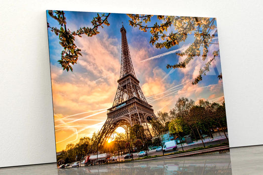 Eiffel Tower Against Sunrise in Paris, France Acrylic Glass Print Tempered Glass Wall Art 100% Made in Australia Ready to Hang