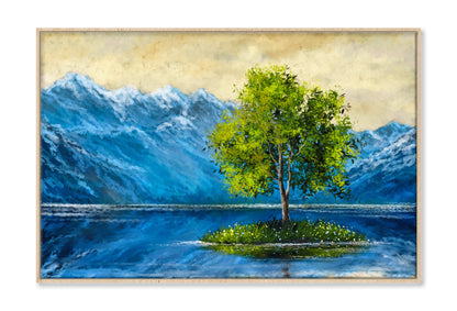 Alone Tree on Lake & Mountains Oil Painting Wall Art Limited Edition High Quality Print Canvas Box Framed Natural