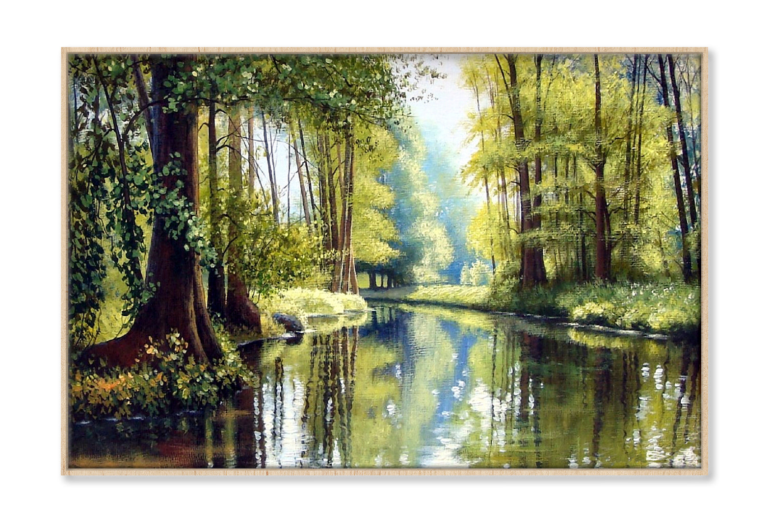 Forest River & Green Trees Watercolor Painting Wall Art Limited Edition High Quality Print Canvas Box Framed Natural