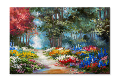 Colorful Forest & Flowers Pathway Oil Painting Wall Art Limited Edition High Quality Print Stretched Canvas None