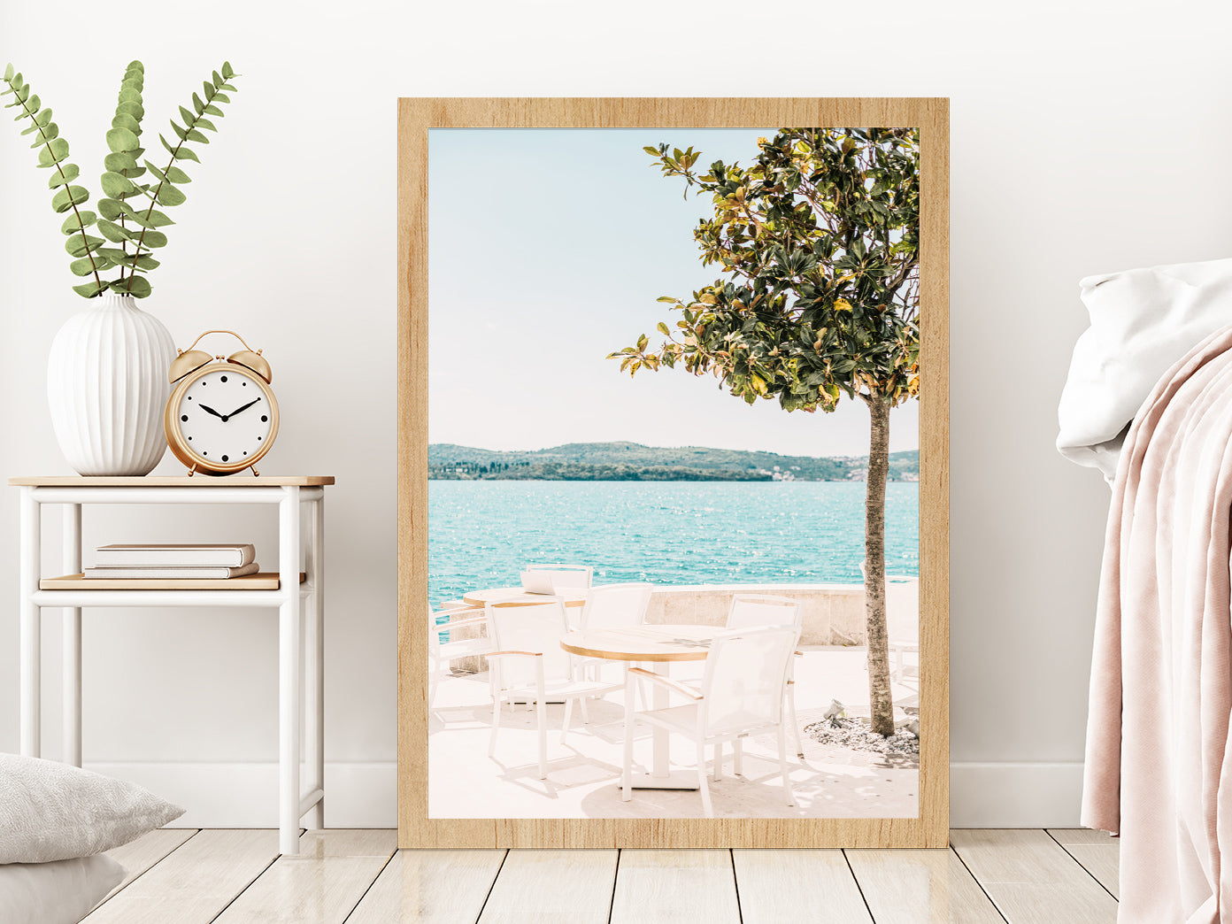 Resort Table & Tree near Beach Photograph Glass Framed Wall Art, Ready to Hang Quality Print Without White Border Oak