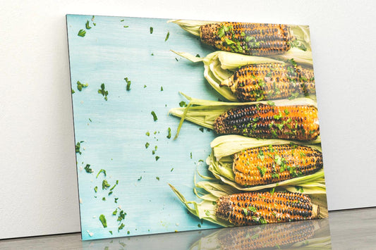 Lat-Lay of Grilled Sweet Corn with Smoked Sea Salt Acrylic Glass Print Tempered Glass Wall Art 100% Made in Australia Ready to Hang