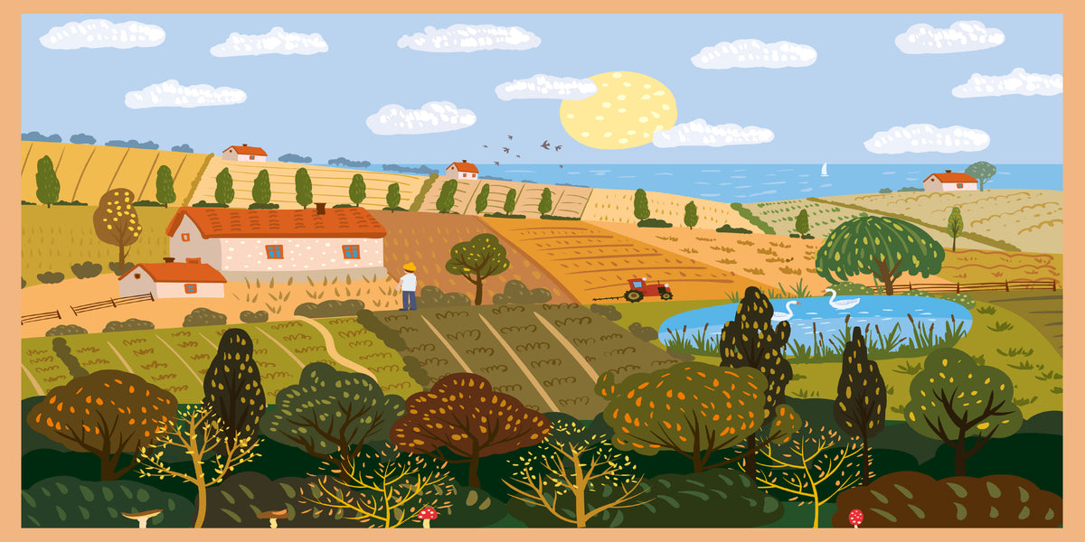 Hand Drawn Farm Landscape Wall Art Canvas Office Home Room Framed 120x60cm