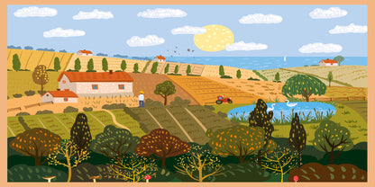 Hand Drawn Farm Landscape Wall Art Canvas Office Home Room Framed 120x60cm