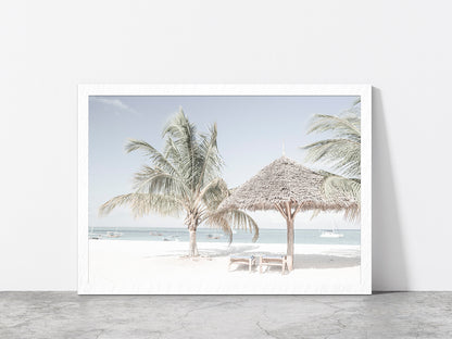 Palm Trees & Beach Hut with Chairs near Beach Glass Framed Wall Art, Ready to Hang Quality Print Without White Border White