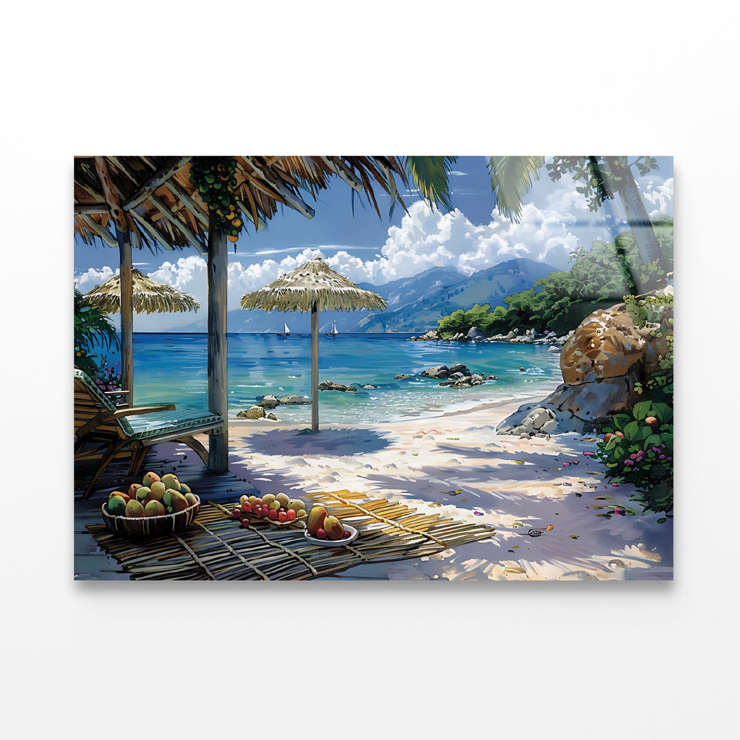 Beach with Umbrellas & Mountains View Acrylic Glass Print Tempered Glass Wall Art 100% Made in Australia Ready to Hang