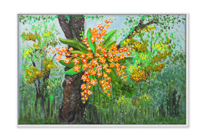 Orange Orchids on Tree Trunk Oil Painting Wall Art Limited Edition High Quality Print Canvas Box Framed White