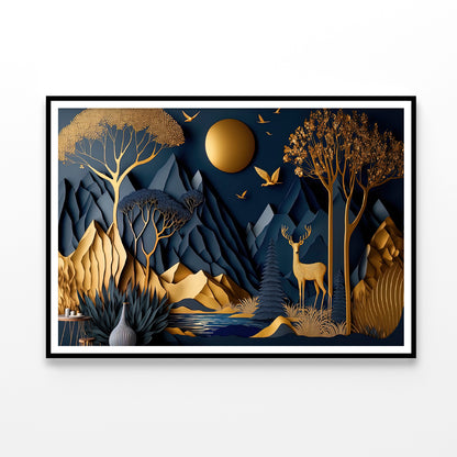 Mountains, Deer, Birds, Trees Painting Home Decor Premium Quality Poster Print Choose Your Sizes