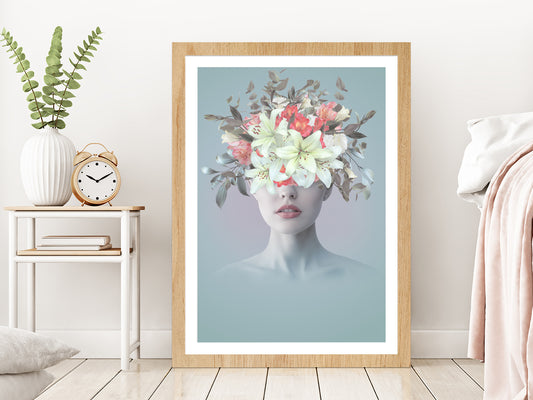 Young Woman With Flowers Abstract Glass Framed Wall Art, Ready to Hang Quality Print With White Border Oak