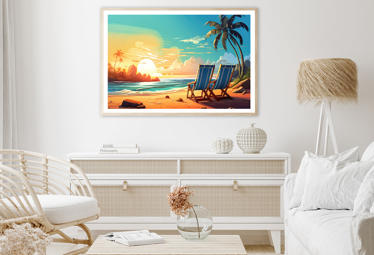 Chairs on a Beach with Palm Trees and the Ocean Home Decor Premium Quality Poster Print Choose Your Sizes