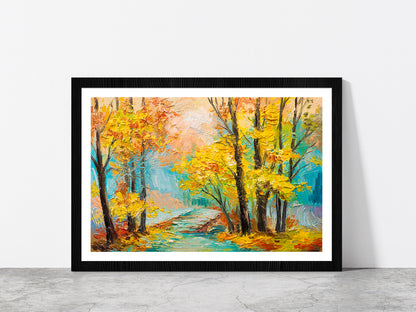 Yellow Trees With Autumn Forest Glass Framed Wall Art, Ready to Hang Quality Print With White Border Black