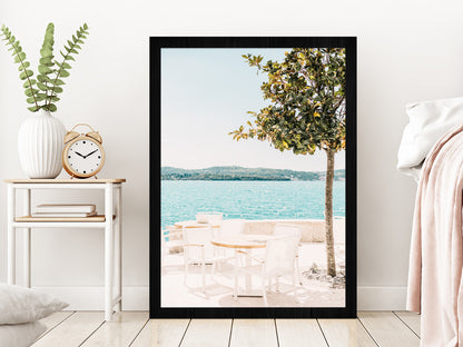 Resort Table & Tree near Beach Photograph Glass Framed Wall Art, Ready to Hang Quality Print Without White Border Black