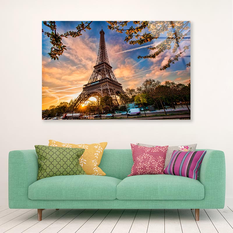 Eiffel Tower Against Sunrise in Paris, France Acrylic Glass Print Tempered Glass Wall Art 100% Made in Australia Ready to Hang