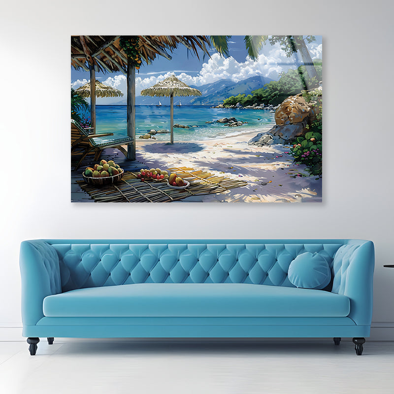 Beach with Umbrellas & Mountains View Acrylic Glass Print Tempered Glass Wall Art 100% Made in Australia Ready to Hang