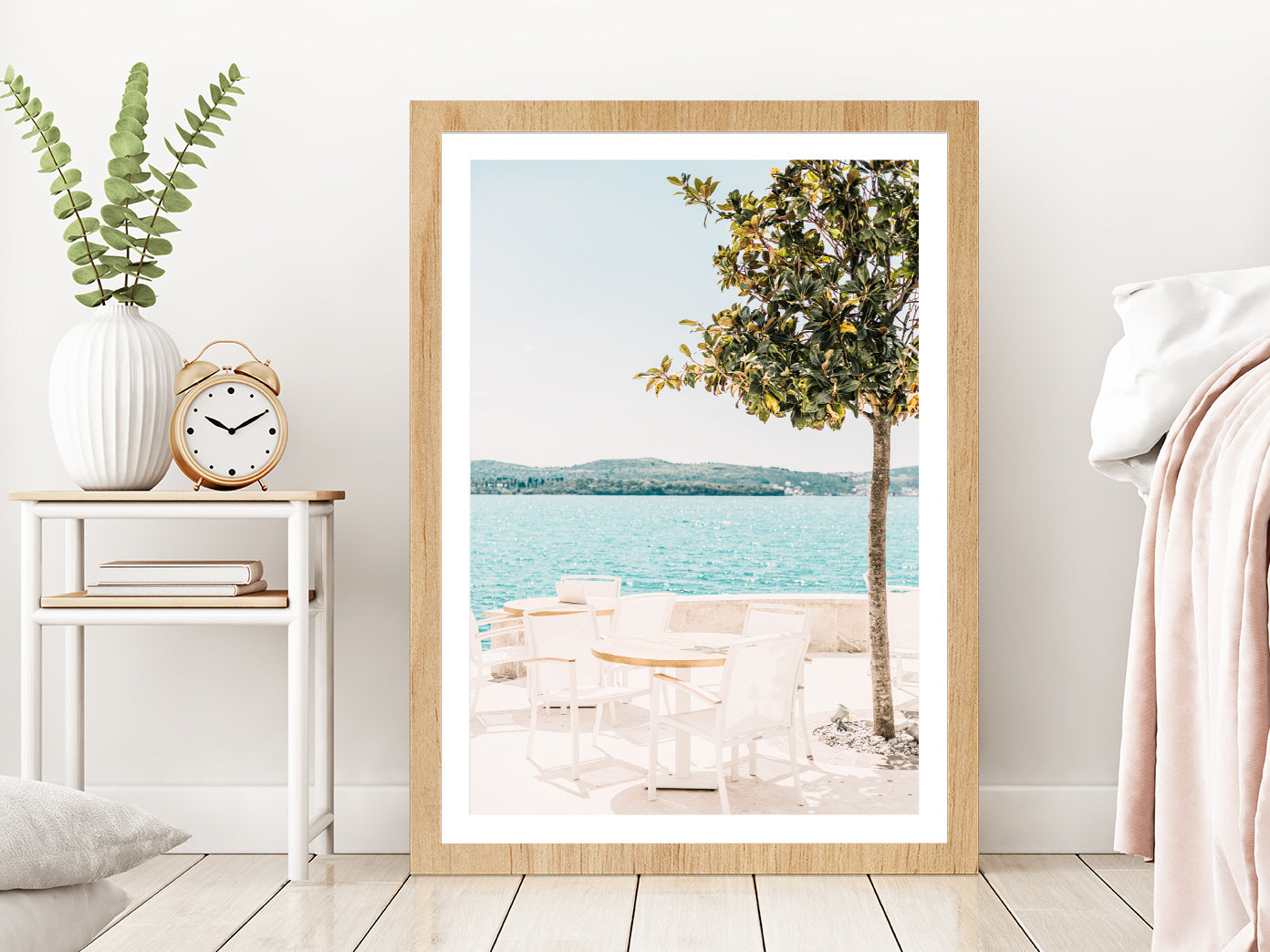 Resort Table & Tree near Beach Photograph Glass Framed Wall Art, Ready to Hang Quality Print With White Border Oak